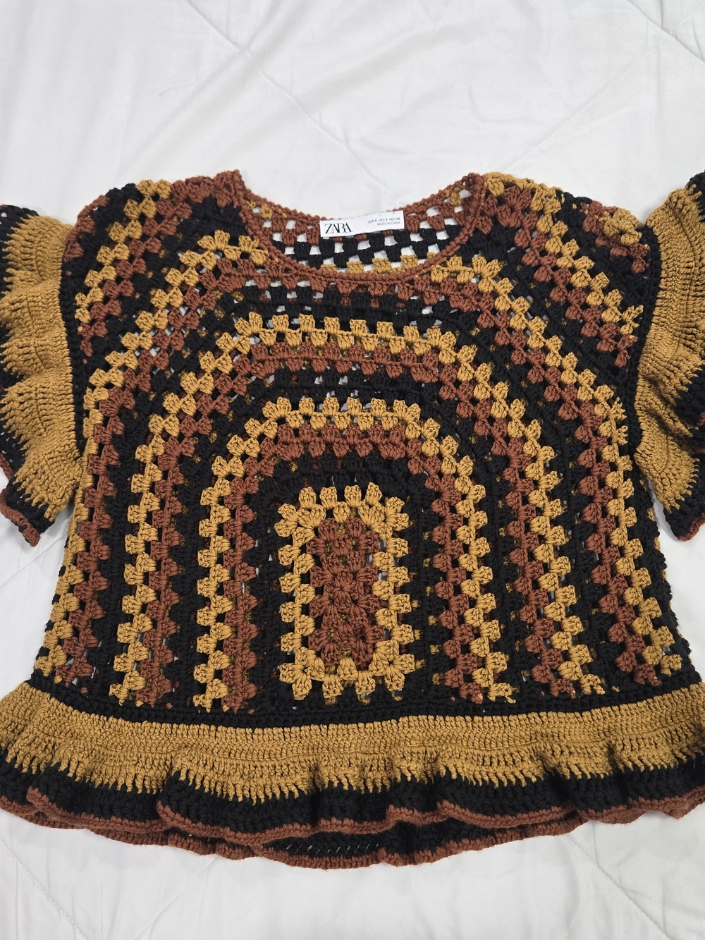 Zara Multicolor Crochet Crop Top in Black, Mustard & Rust